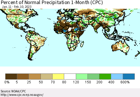 World Percent of Normal Precipitation 1-Month (CPC) Thematic Map For 1/11/2023 - 2/10/2023
