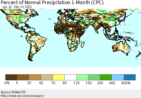 World Percent of Normal Precipitation 1-Month (CPC) Thematic Map For 1/16/2023 - 2/15/2023
