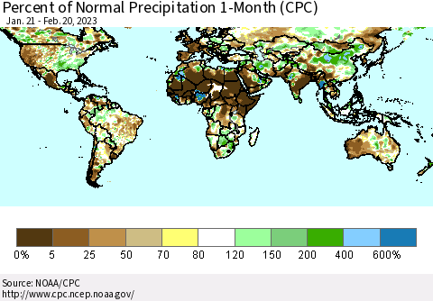 World Percent of Normal Precipitation 1-Month (CPC) Thematic Map For 1/21/2023 - 2/20/2023