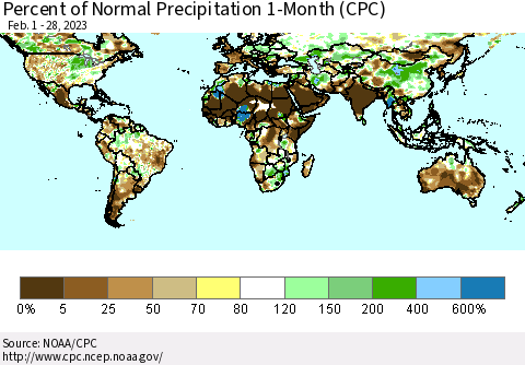 World Percent of Normal Precipitation 1-Month (CPC) Thematic Map For 2/1/2023 - 2/28/2023