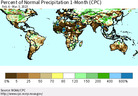World Percent of Normal Precipitation 1-Month (CPC) Thematic Map For 2/6/2023 - 3/5/2023