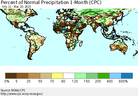 World Percent of Normal Precipitation 1-Month (CPC) Thematic Map For 2/11/2023 - 3/10/2023