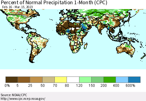 World Percent of Normal Precipitation 1-Month (CPC) Thematic Map For 2/16/2023 - 3/15/2023