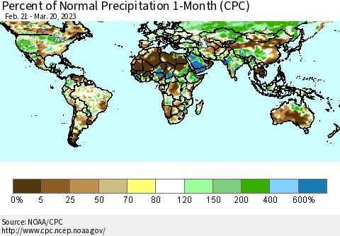 World Percent of Normal Precipitation 1-Month (CPC) Thematic Map For 2/21/2023 - 3/20/2023