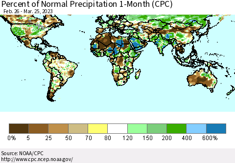 World Percent of Normal Precipitation 1-Month (CPC) Thematic Map For 2/26/2023 - 3/25/2023