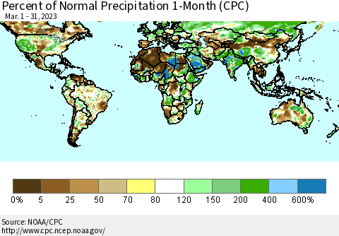 World Percent of Normal Precipitation 1-Month (CPC) Thematic Map For 3/1/2023 - 3/31/2023