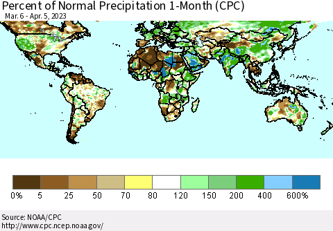 World Percent of Normal Precipitation 1-Month (CPC) Thematic Map For 3/6/2023 - 4/5/2023