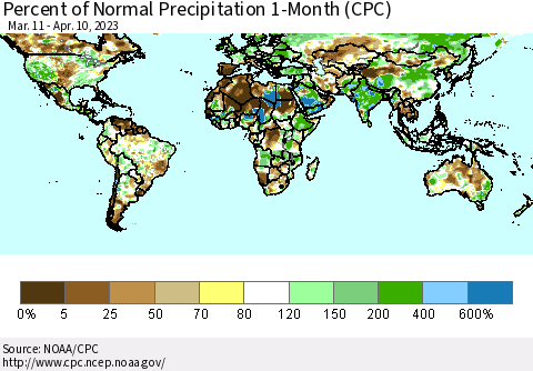World Percent of Normal Precipitation 1-Month (CPC) Thematic Map For 3/11/2023 - 4/10/2023