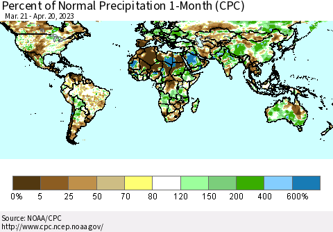 World Percent of Normal Precipitation 1-Month (CPC) Thematic Map For 3/21/2023 - 4/20/2023
