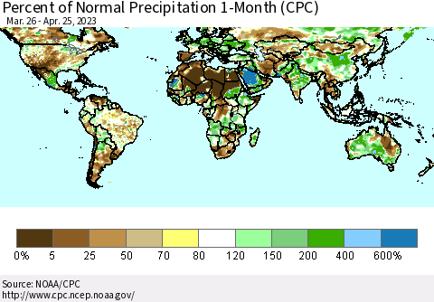 World Percent of Normal Precipitation 1-Month (CPC) Thematic Map For 3/26/2023 - 4/25/2023