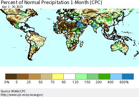 World Percent of Normal Precipitation 1-Month (CPC) Thematic Map For 4/1/2023 - 4/30/2023