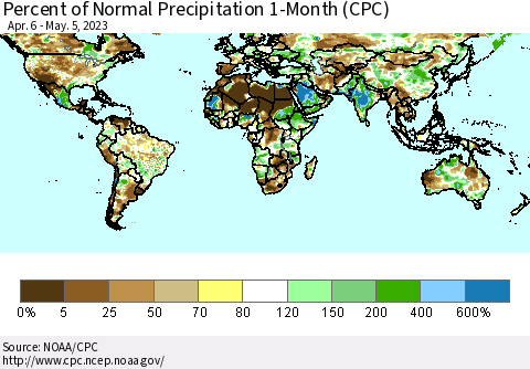 World Percent of Normal Precipitation 1-Month (CPC) Thematic Map For 4/6/2023 - 5/5/2023