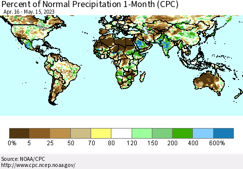 World Percent of Normal Precipitation 1-Month (CPC) Thematic Map For 4/16/2023 - 5/15/2023