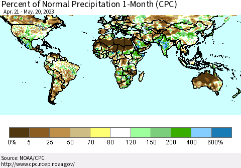 World Percent of Normal Precipitation 1-Month (CPC) Thematic Map For 4/21/2023 - 5/20/2023