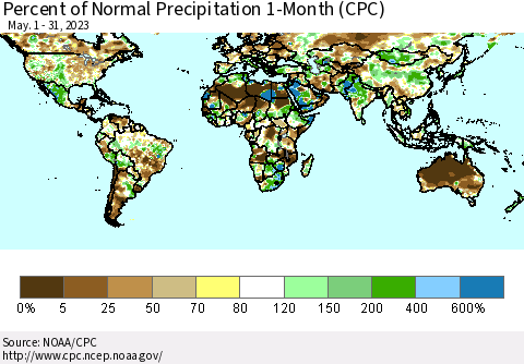 World Percent of Normal Precipitation 1-Month (CPC) Thematic Map For 5/1/2023 - 5/31/2023