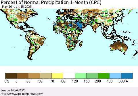 World Percent of Normal Precipitation 1-Month (CPC) Thematic Map For 5/16/2023 - 6/15/2023