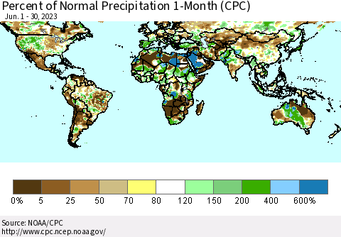 World Percent of Normal Precipitation 1-Month (CPC) Thematic Map For 6/1/2023 - 6/30/2023