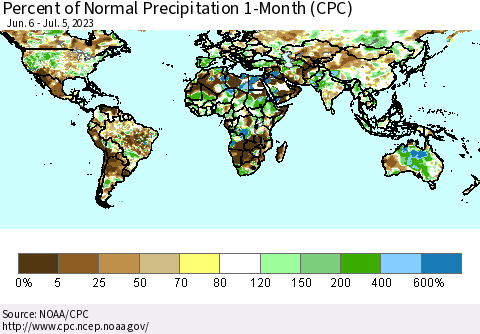 World Percent of Normal Precipitation 1-Month (CPC) Thematic Map For 6/6/2023 - 7/5/2023