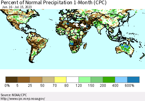 World Percent of Normal Precipitation 1-Month (CPC) Thematic Map For 6/16/2023 - 7/15/2023