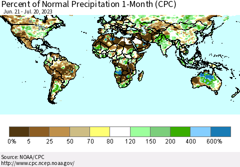 World Percent of Normal Precipitation 1-Month (CPC) Thematic Map For 6/21/2023 - 7/20/2023