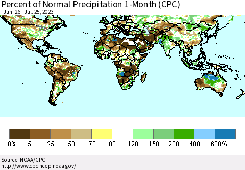 World Percent of Normal Precipitation 1-Month (CPC) Thematic Map For 6/26/2023 - 7/25/2023