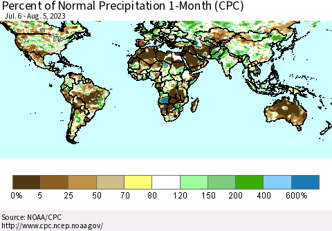 World Percent of Normal Precipitation 1-Month (CPC) Thematic Map For 7/6/2023 - 8/5/2023