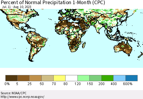 World Percent of Normal Precipitation 1-Month (CPC) Thematic Map For 7/11/2023 - 8/10/2023