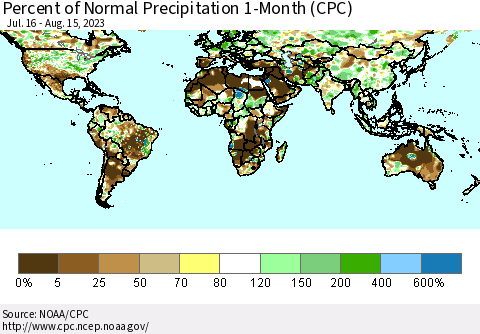 World Percent of Normal Precipitation 1-Month (CPC) Thematic Map For 7/16/2023 - 8/15/2023