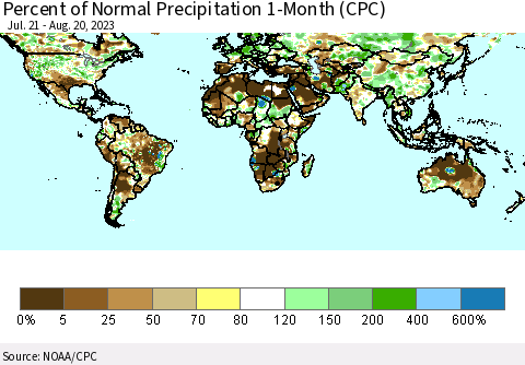World Percent of Normal Precipitation 1-Month (CPC) Thematic Map For 7/21/2023 - 8/20/2023