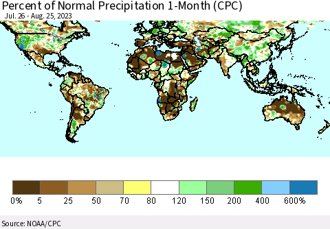 World Percent of Normal Precipitation 1-Month (CPC) Thematic Map For 7/26/2023 - 8/25/2023