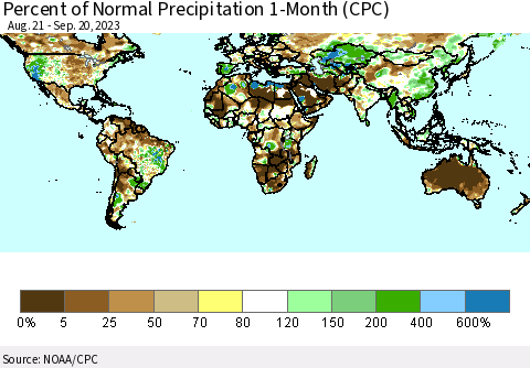 World Percent of Normal Precipitation 1-Month (CPC) Thematic Map For 8/21/2023 - 9/20/2023