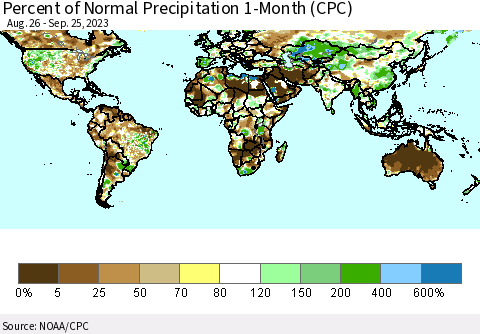 World Percent of Normal Precipitation 1-Month (CPC) Thematic Map For 8/26/2023 - 9/25/2023