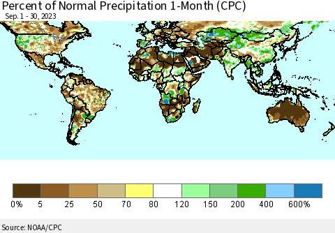 World Percent of Normal Precipitation 1-Month (CPC) Thematic Map For 9/1/2023 - 9/30/2023