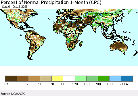 World Percent of Normal Precipitation 1-Month (CPC) Thematic Map For 9/6/2023 - 10/5/2023
