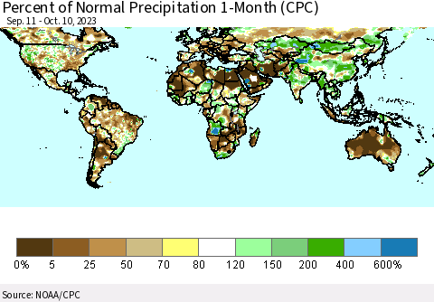 World Percent of Normal Precipitation 1-Month (CPC) Thematic Map For 9/11/2023 - 10/10/2023