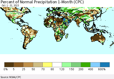 World Percent of Normal Precipitation 1-Month (CPC) Thematic Map For 10/1/2023 - 10/31/2023