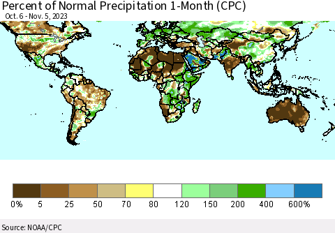 World Percent of Normal Precipitation 1-Month (CPC) Thematic Map For 10/6/2023 - 11/5/2023