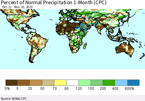 World Percent of Normal Precipitation 1-Month (CPC) Thematic Map For 10/11/2023 - 11/10/2023