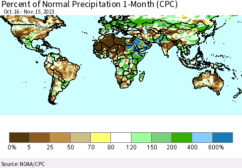 World Percent of Normal Precipitation 1-Month (CPC) Thematic Map For 10/16/2023 - 11/15/2023