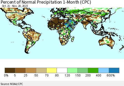 World Percent of Normal Precipitation 1-Month (CPC) Thematic Map For 10/21/2023 - 11/20/2023