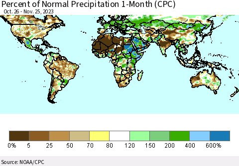World Percent of Normal Precipitation 1-Month (CPC) Thematic Map For 10/26/2023 - 11/25/2023