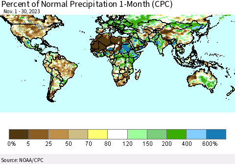 World Percent of Normal Precipitation 1-Month (CPC) Thematic Map For 11/1/2023 - 11/30/2023