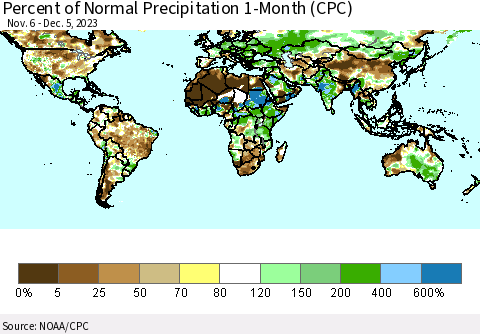 World Percent of Normal Precipitation 1-Month (CPC) Thematic Map For 11/6/2023 - 12/5/2023