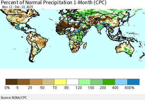 World Percent of Normal Precipitation 1-Month (CPC) Thematic Map For 11/11/2023 - 12/10/2023