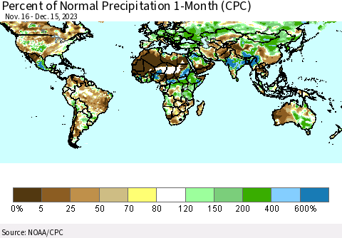 World Percent of Normal Precipitation 1-Month (CPC) Thematic Map For 11/16/2023 - 12/15/2023