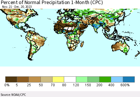 World Percent of Normal Precipitation 1-Month (CPC) Thematic Map For 11/21/2023 - 12/20/2023