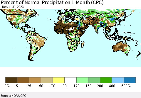 World Percent of Normal Precipitation 1-Month (CPC) Thematic Map For 12/1/2023 - 12/31/2023