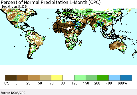 World Percent of Normal Precipitation 1-Month (CPC) Thematic Map For 12/6/2023 - 1/5/2024