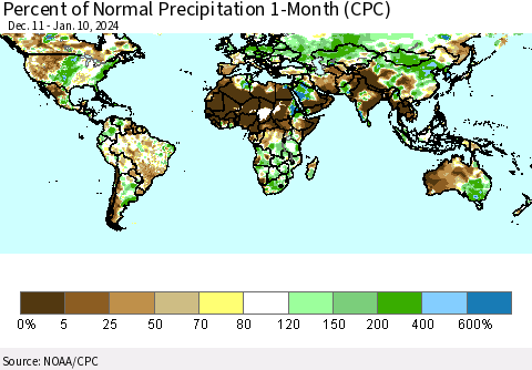 World Percent of Normal Precipitation 1-Month (CPC) Thematic Map For 12/11/2023 - 1/10/2024