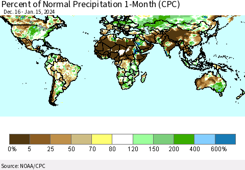 World Percent of Normal Precipitation 1-Month (CPC) Thematic Map For 12/16/2023 - 1/15/2024